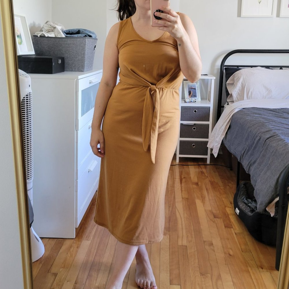 Jersey Midi Dress Tie Waist / XS / Burnt Orange Colour / Stretchy